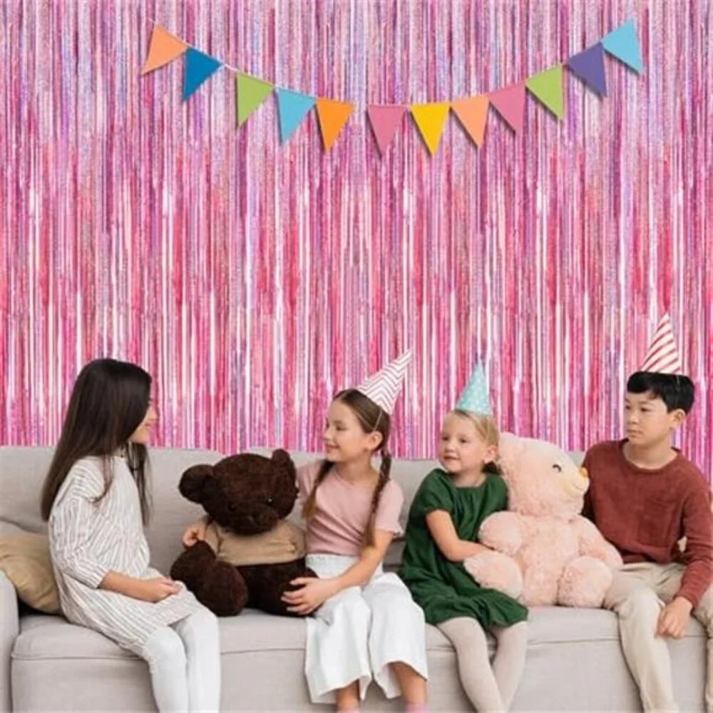 2PC Glitter Pink Tinsel Fringe Curtain PET 3.28x7ft Party Backdrop Decor